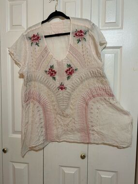 Johnny Was Cream Embroidered V-Neck Blouse with Pink Floral Accents